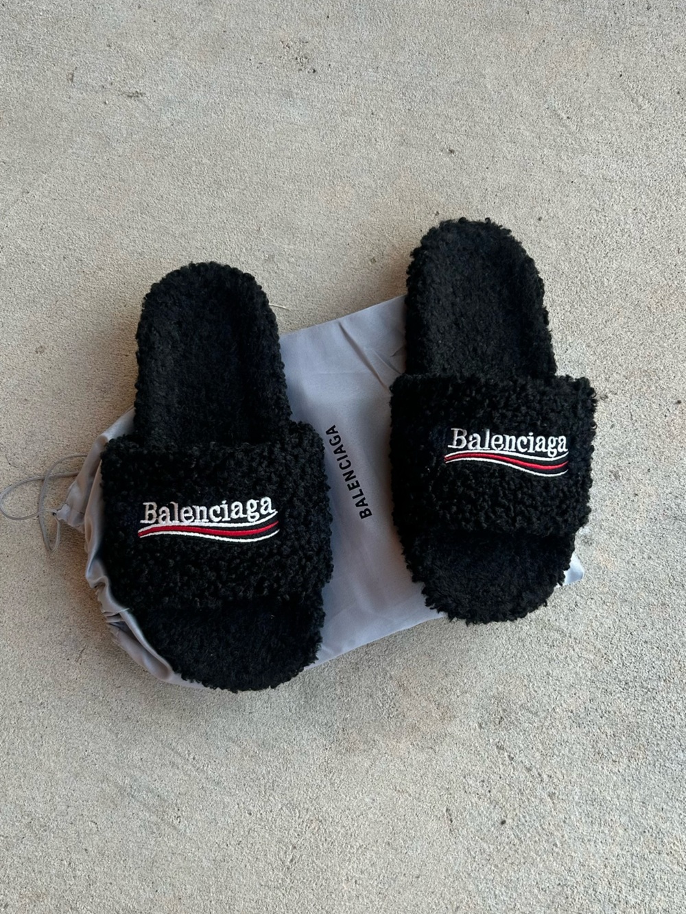 Balenciaga Black Teddy Shearling Logo Slide Sandals with White and Red Accent